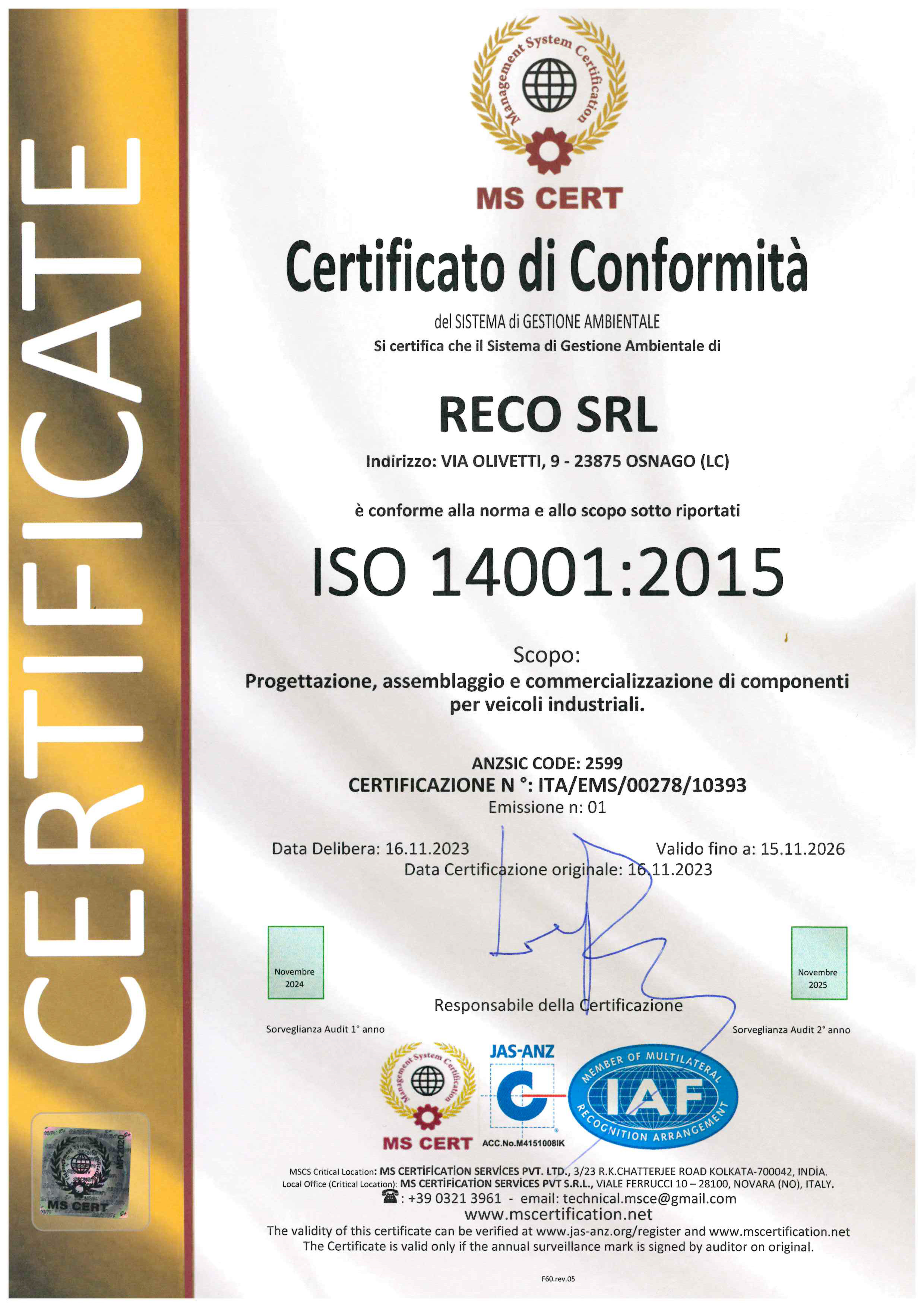 Environmental certification ISO 14001